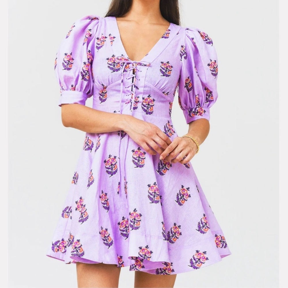 House of Harlow 1960 Mini Dress Linen Blend Puff Sleeve Floral Size 2 NEW
